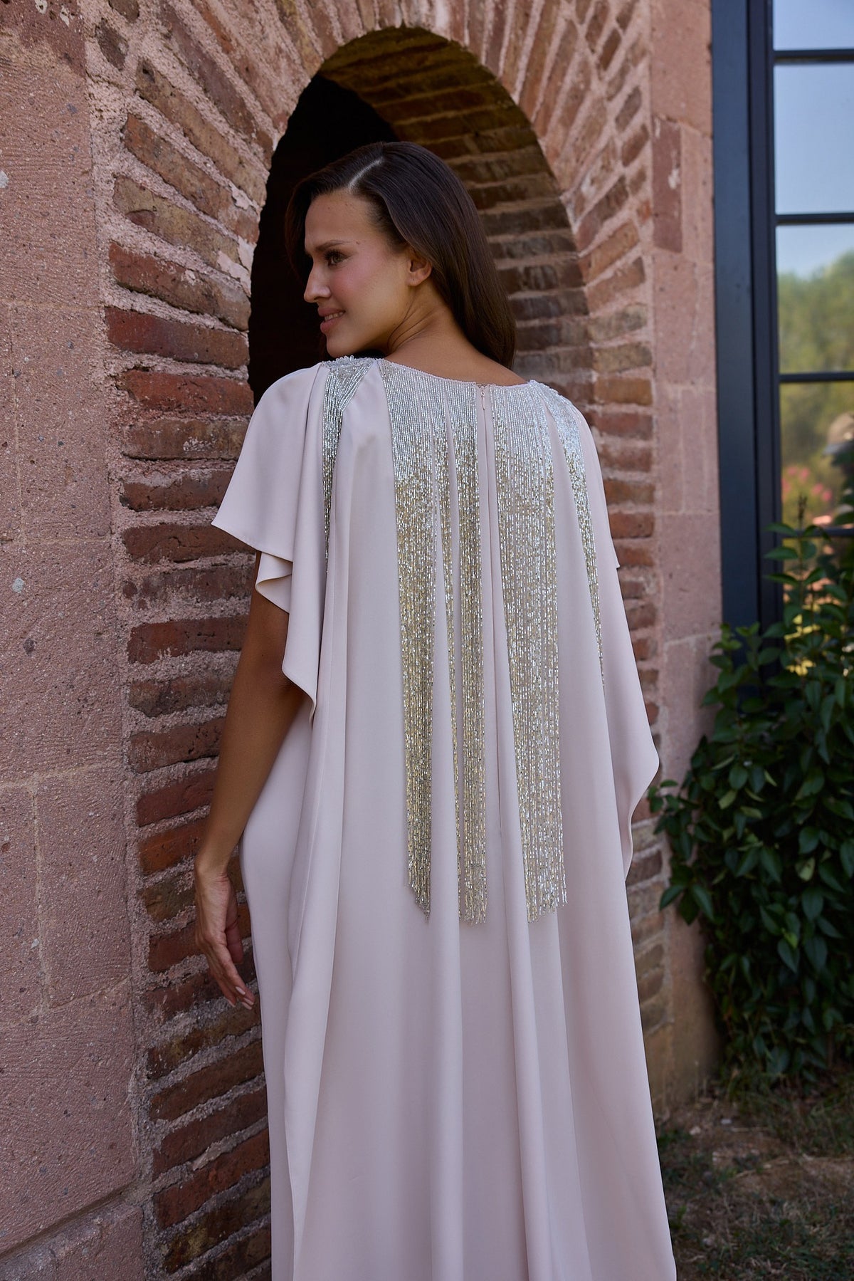 Vionelle Blush Flutter Sleeve Fringe Cape Gown